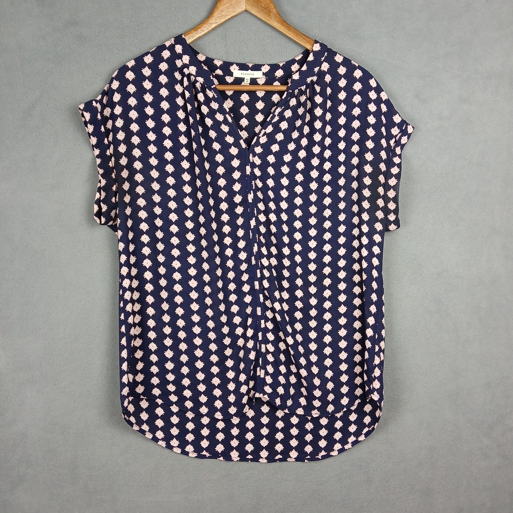 Pleione Blouse Top Womens MP Navy Blue‎ All Over Print Split Neck High Low Hem